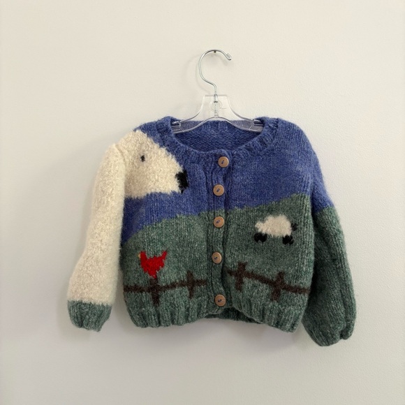 Vtg Susie Lee sheep scene hand knit sweater cottagecore  kids Sz 6-9 months - Picture 1 of 4